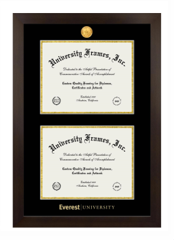 Everest University Double Degree (Stacked) Frame in Manhattan Espresso with Black & Gold Mats for document: 8 1/2"h x 11"w  , document: 8 1/2"h x 11"w  
