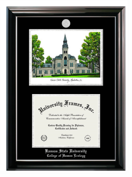 Kansas State University College of Human Ecology Double Opening with Campus Image (Stacked) Frame in Classic Ebony with Silver Trim with Black & Silver Mats for document: 8 1/2"h x 11"w  