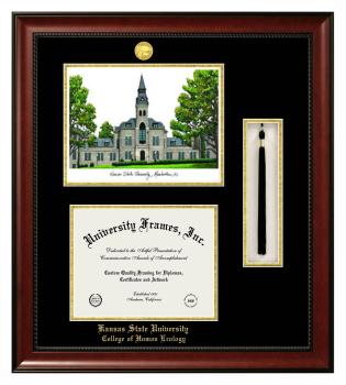 Kansas State University College of Human Ecology Double Opening with Campus Image & Tassel Box (Stacked) Frame in Avalon Mahogany with Black & Gold Mats for document: 8 1/2"h x 11"w  