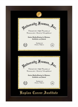 Kaplan Career Institute Double Degree (Stacked) Frame in Manhattan Espresso with Black & Gold Mats for document: 8 1/2"h x 11"w  , document: 8 1/2"h x 11"w  