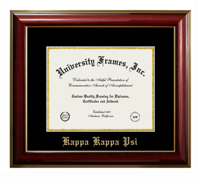 Kappa Kappa Psi Diploma Frame in Classic Mahogany with Gold Trim with Black & Gold Mats for DOCUMENT: 8 1/2"H X 11"W  