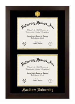 Faulkner University Double Degree (Stacked) Frame in Manhattan Espresso with Black & Gold Mats for document: 8 1/2"h x 11"w  , document: 8 1/2"h x 11"w  