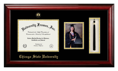 Chicago State University Diploma with 5 x 7 Portrait & Tassel Box Frame in Classic Mahogany with Black & Gold Mats for document: 8 1/2"h x 11"w  