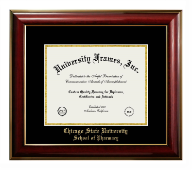 Chicago State University School of Pharmacy Diploma Frame in Classic Mahogany with Gold Trim with Black & Gold Mats for DOCUMENT: 8 1/2"H X 11"W  