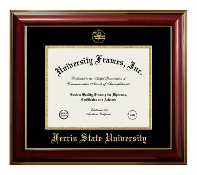 Ferris State University Diploma Frame in Classic Mahogany with Gold Trim with Black & Gold Mats for DOCUMENT: 8 1/2"H X 11"W  