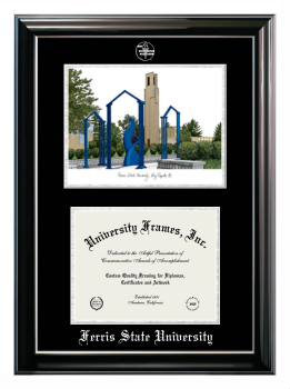 Ferris State University Double Opening with Campus Image (Stacked) Frame in Classic Ebony with Silver Trim with Black & Silver Mats for DOCUMENT: 8 1/2"H X 11"W  