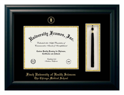 Finch University of Health Sciences The Chicago Medical School Diploma with Tassel Box Frame in Satin Black with Black & Gold Mats for document: 8 1/2"h x 11"w  
