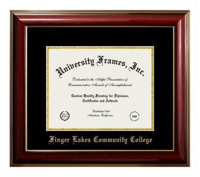 Finger Lakes Community College Diploma Frame in Classic Mahogany with Gold Trim with Black & Gold Mats for DOCUMENT: 8 1/2"H X 11"W  