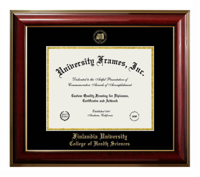 Finlandia University College of Health Sciences Diploma Frame in Classic Mahogany with Gold Trim with Black & Gold Mats for DOCUMENT: 8 1/2"H X 11"W  