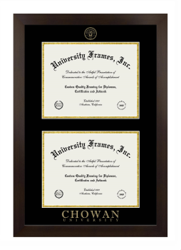 Chowan University Double Degree (Stacked) Frame in Manhattan Espresso with Black & Gold Mats for document: 8 1/2"h x 11"w  , document: 8 1/2"h x 11"w  