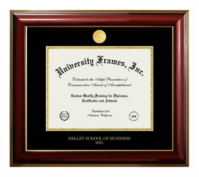 Kelley School of Business MBA Diploma Frame in Classic Mahogany with Gold Trim with Black & Gold Mats for DOCUMENT: 8 1/2"H X 11"W  