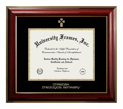 Christian Theological Seminary Diploma Frame in Classic Mahogany with Gold Trim with Black & Gold Mats for DOCUMENT: 8 1/2"H X 11"W  