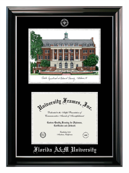 Florida A&M University Double Opening with Campus Image (Stacked) Frame in Classic Ebony with Silver Trim with Black & Silver Mats for DOCUMENT: 8 1/2"H X 11"W  