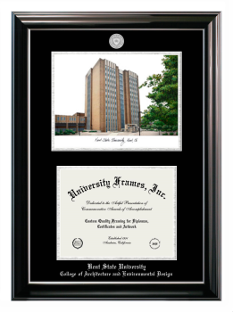 Kent State University College of Architecture and Environmental Design Double Opening with Campus Image (Stacked) Frame in Classic Ebony with Silver Trim with Black & Silver Mats for document: 8 1/2"h x 11"w  