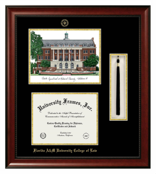 Florida A&M University College of Law Double Opening with Campus Image & Tassel Box (Stacked) Frame in Avalon Mahogany with Black & Gold Mats for document: 8 1/2"h x 11"w  