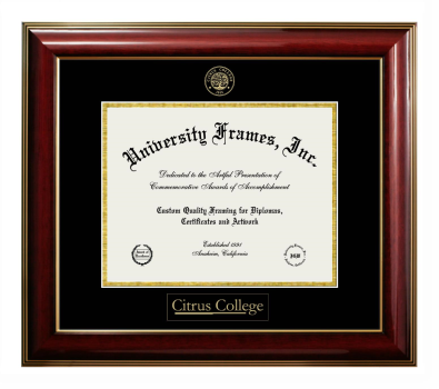 Citrus College Diploma Frame in Classic Mahogany with Gold Trim with Black & Gold Mats for DOCUMENT: 8 1/2"H X 11"W  