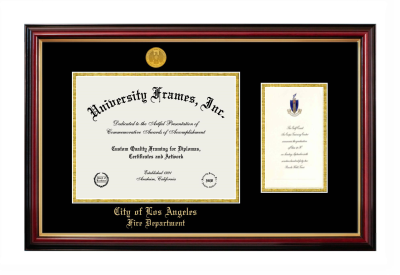 City of Los Angeles Fire Deparment Diploma with Announcement Frame in Petite Mahogany with Gold Trim with Black & Gold Mats for document: 8 1/2"h x 11"w  , diploma: 7"h x 4"w  