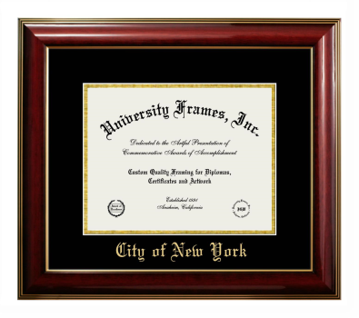 City of New York Diploma Frame in Classic Mahogany with Gold Trim with Black & Gold Mats for document: 8 1/2"h x 11"w  