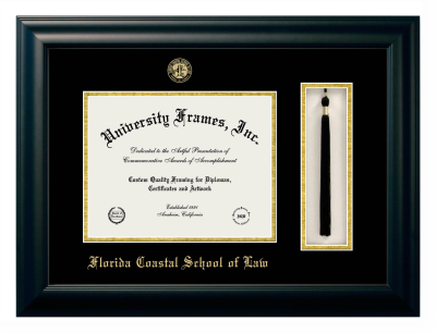 Florida Coastal School of Law Diploma with Tassel Box Frame in Satin Black with Black & Gold Mats for document: 8 1/2"h x 11"w  