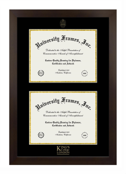 King's College-London Double Degree (Stacked) Frame in Manhattan Espresso with Black & Gold Mats for DOCUMENT: 8 1/2"H X 11"W  , DOCUMENT: 8 1/2"H X 11"W  