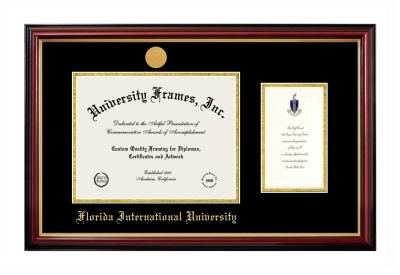 Florida International University Diploma with Announcement Frame in Petite Mahogany with Gold Trim with Black & Gold Mats for DOCUMENT: 8 1/2"H X 11"W  ,  7"H X 4"W  