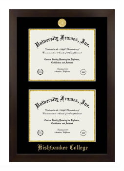 Kishwaukee College Double Degree (Stacked) Frame in Manhattan Espresso with Black & Gold Mats for document: 8 1/2"h x 11"w  , document: 8 1/2"h x 11"w  