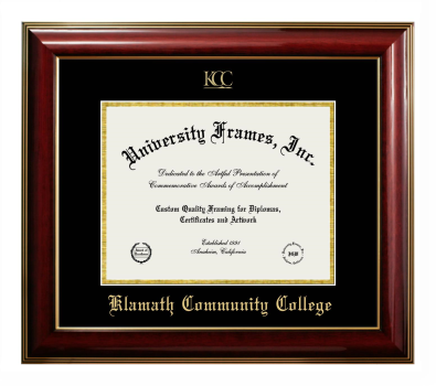 Klamath Community College Diploma Frame in Classic Mahogany with Gold Trim with Black & Gold Mats for document: 8 1/2"h x 11"w  