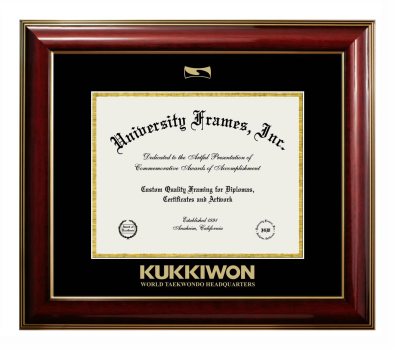 KUKKIWON - World taekwondo Headquarters Diploma Frame in Classic Mahogany with Gold Trim with Black & Gold Mats for DOCUMENT: 8 1/2"H X 11"W  