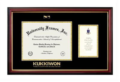 KUKKIWON - World taekwondo Headquarters Diploma with Announcement Frame in Petite Mahogany with Gold Trim with Black & Gold Mats for DOCUMENT: 8 1/2"H X 11"W  ,  7"H X 4"W  