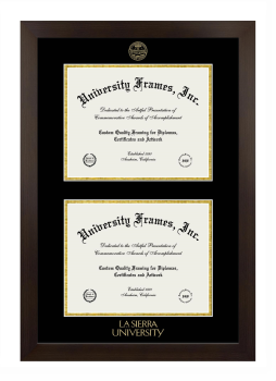 La Sierra University Double Degree (Stacked) Frame in Manhattan Espresso with Black & Gold Mats for document: 8 1/2"h x 11"w  , document: 8 1/2"h x 11"w  