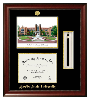 Florida State University Double Opening with Campus Image & Tassel Box (Stacked) Frame in Avalon Mahogany with Black & Gold Mats for DOCUMENT: 8 1/2"H X 11"W  