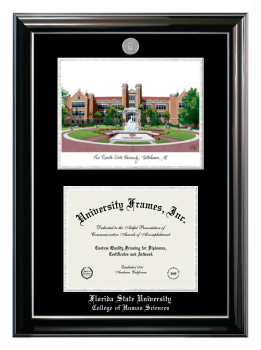 Florida State University College of Human Sciences Double Opening with Campus Image (Stacked) Frame in Classic Ebony with Silver Trim with Black & Silver Mats for document: 8 1/2"h x 11"w  