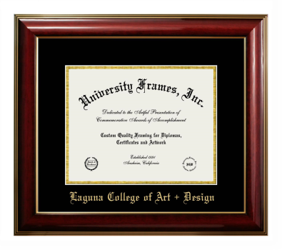 Laguna College of Art + Design Diploma Frame in Classic Mahogany with Gold Trim with Black & Gold Mats for DOCUMENT: 8 1/2"H X 11"W  