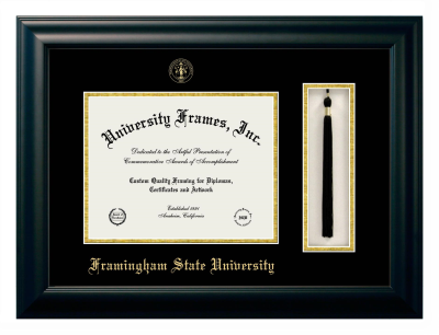 Framingham State University Diploma with Tassel Box Frame in Satin Black with Black & Gold Mats for document: 8 1/2"h x 11"w  