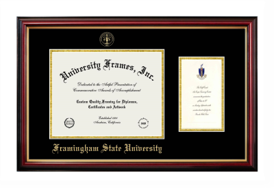 Framingham State University Diploma with Announcement Frame in Petite Mahogany with Gold Trim with Black & Gold Mats for document: 8 1/2"h x 11"w  , diploma: 7"h x 4"w  