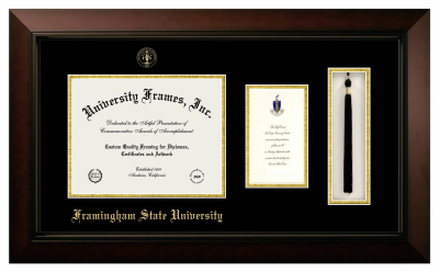 Framingham State University Diploma with Announcement & Tassel Box Frame in Legacy Black Cherry with Black & Gold Mats for document: 8 1/2"h x 11"w  , diploma: 7"h x 4"w  