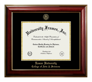 Lamar University College of Arts & Sciences Diploma Frame in Classic Mahogany with Gold Trim with Black & Gold Mats for document: 8 1/2"h x 11"w  