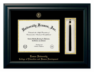 Lamar University College of Education and Human Development Diploma with Tassel Box Frame in Satin Black with Black & Gold Mats for DOCUMENT: 8 1/2"H X 11"W  