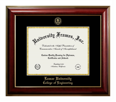 Lamar University College of Engineering Diploma Frame in Classic Mahogany with Gold Trim with Black & Gold Mats for DOCUMENT: 8 1/2"H X 11"W  