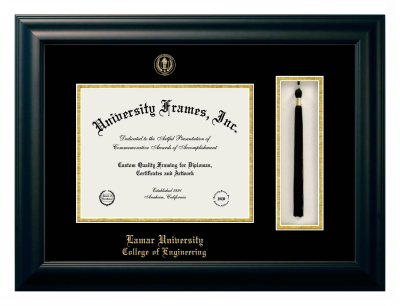 Lamar University College of Engineering Diploma with Tassel Box Frame in Satin Black with Black & Gold Mats for document: 8 1/2"h x 11"w  