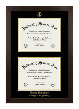 Lamar University College of Engineering Double Degree (Stacked) Frame in Manhattan Espresso with Black & Gold Mats for document: 8 1/2"h x 11"w  , document: 8 1/2"h x 11"w  