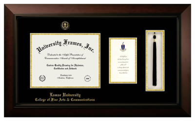 Lamar University College of Fine Arts & Communications Diploma with Announcement & Tassel Box Frame in Legacy Black Cherry with Black & Gold Mats for document: 8 1/2"h x 11"w  , diploma: 7"h x 4"w  
