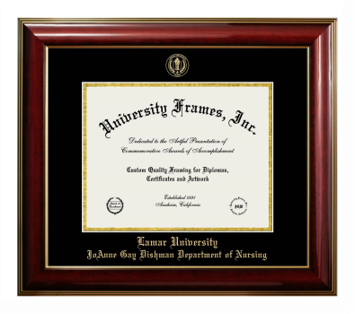 Lamar University JoAnne Gay Dishman Department of Nursing Diploma Frame in Classic Mahogany with Gold Trim with Black & Gold Mats for document: 8 1/2"h x 11"w  