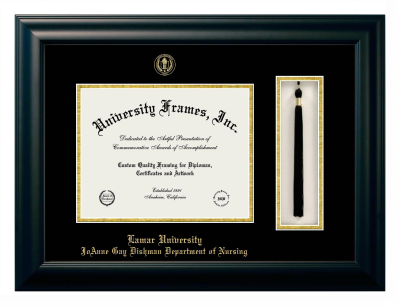 Lamar University JoAnne Gay Dishman Department of Nursing Diploma with Tassel Box Frame in Satin Black with Black & Gold Mats for document: 8 1/2"h x 11"w  