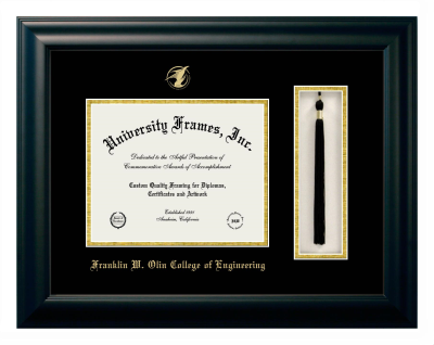 Franklin W. Olin College of Engineering Diploma with Tassel Box Frame in Satin Black with Black & Gold Mats for DOCUMENT: 8"H X 10"W  