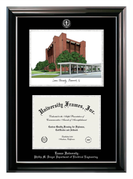 Lamar University Phillip M. Drayer Department of Electrical Engineering Double Opening with Campus Image (Stacked) Frame in Classic Ebony with Silver Trim with Black & Silver Mats for document: 8 1/2"h x 11"w  
