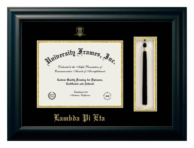 Lambda Pi Eta Diploma with Tassel Box Frame in Satin Black with Black & Gold Mats for DOCUMENT: 8 1/2"H X 11"W  