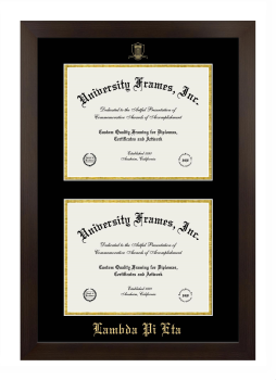 Lambda Pi Eta Double Degree (Stacked) Frame in Manhattan Espresso with Black & Gold Mats for document: 8 1/2"h x 11"w  , document: 8 1/2"h x 11"w  