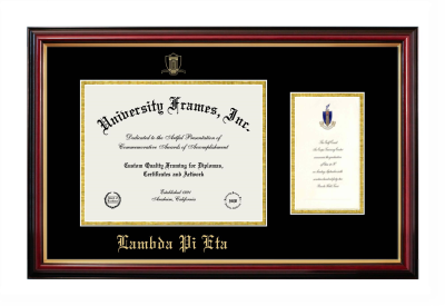 Lambda Pi Eta Diploma with Announcement Frame in Petite Mahogany with Gold Trim with Black & Gold Mats for document: 8 1/2"h x 11"w  , diploma: 7"h x 4"w  