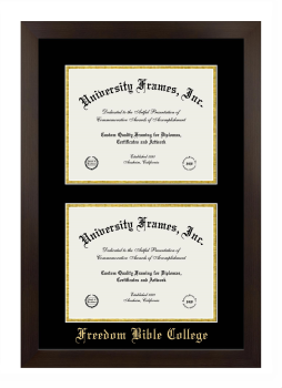 Freedom Bible College Double Degree (Stacked) Frame in Manhattan Espresso with Black & Gold Mats for document: 8 1/2"h x 11"w  , document: 8 1/2"h x 11"w  